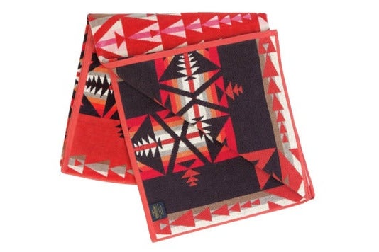 Red patterned Pendleton towel.